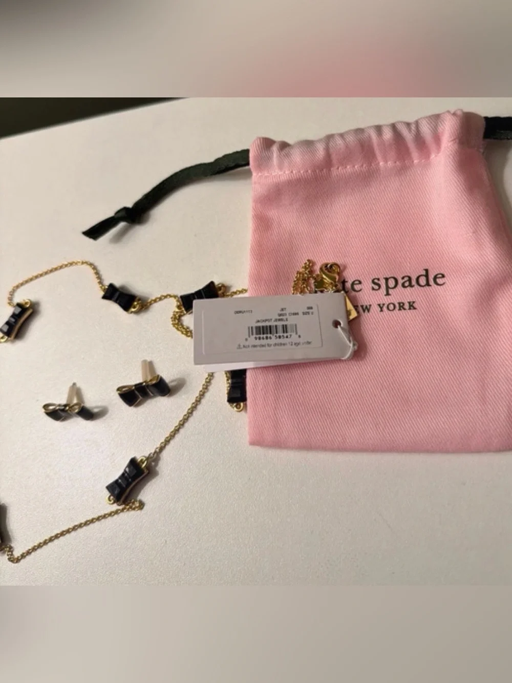 Kate Spade Jackpot Jewels Black Gold Bow Necklace and Earrings Set Dustbag NWT